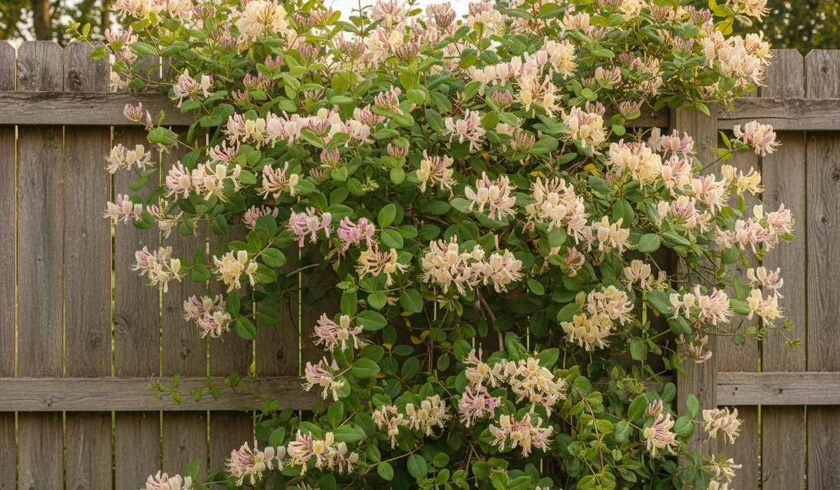 Bouture chèvrefeuille : un chèvrefeuille grimpant couvert de fleurs tubulaires crème, jaune pâle et rose sur une clôture en bois, dans la lumière du soir