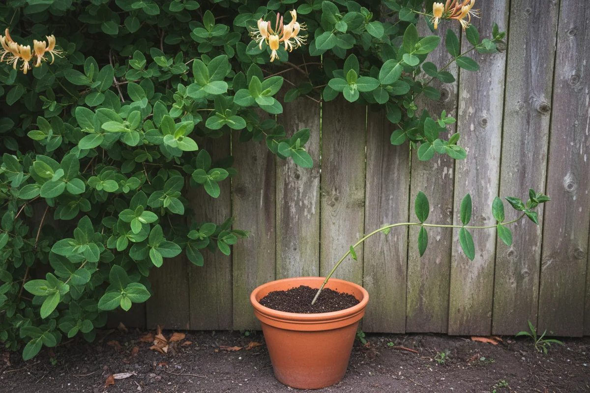 Bouture chèvrefeuille par marcottage : une longue tige feuillue de chèvrefeuille courbée et enfoncée dans un pot de terreau posé au sol, au pied d’une clôture en bois où grimpe la plante en fleurs