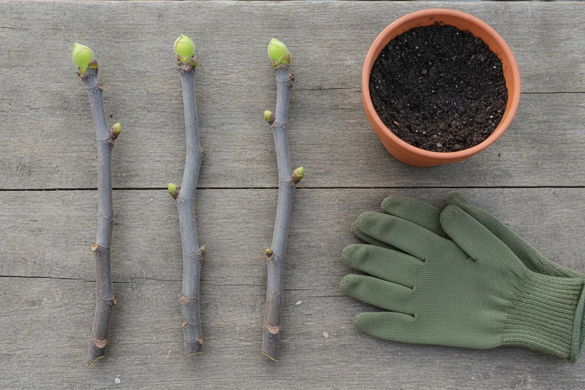 Bouture figuier en hiver : trois rameaux de figuier sans feuilles, à l’écorce gris-brun, chacun terminé par un gros bourgeon vert, posés sur une planche à côté d’un pot de terre et d’un gant de jardinage vert