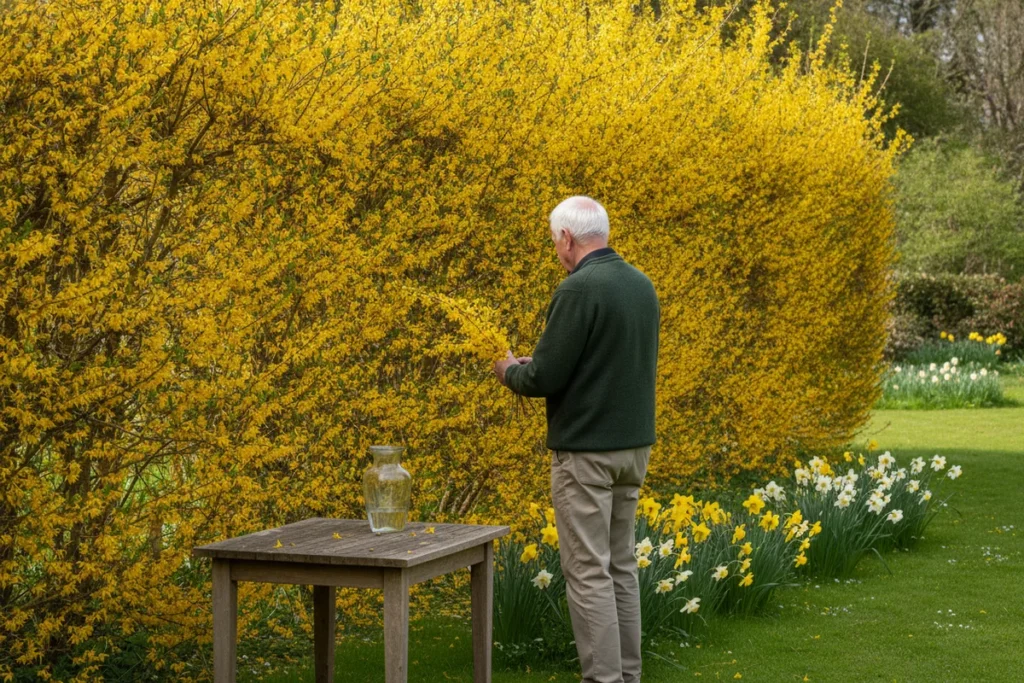 Bouture forsythia : un homme âgé aux cheveux blancs cueille un rameau dans une haie de forsythia couverte de fleurs jaune d’or, près d’un vase en verre posé sur une table de jardin et d’un massif de jonquilles
