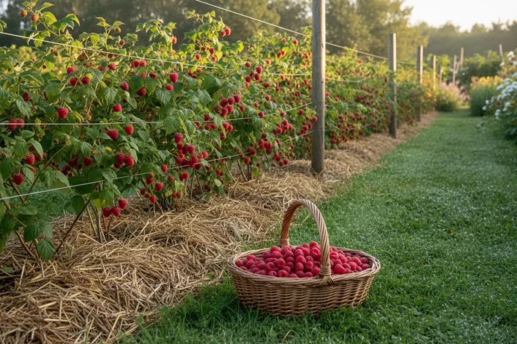 Bouture framboisier : un rang de framboisiers palissés chargés de framboises rouges mûres, paillés de paille, avec un panier en osier rempli de framboises posé sur l’allée enherbée
