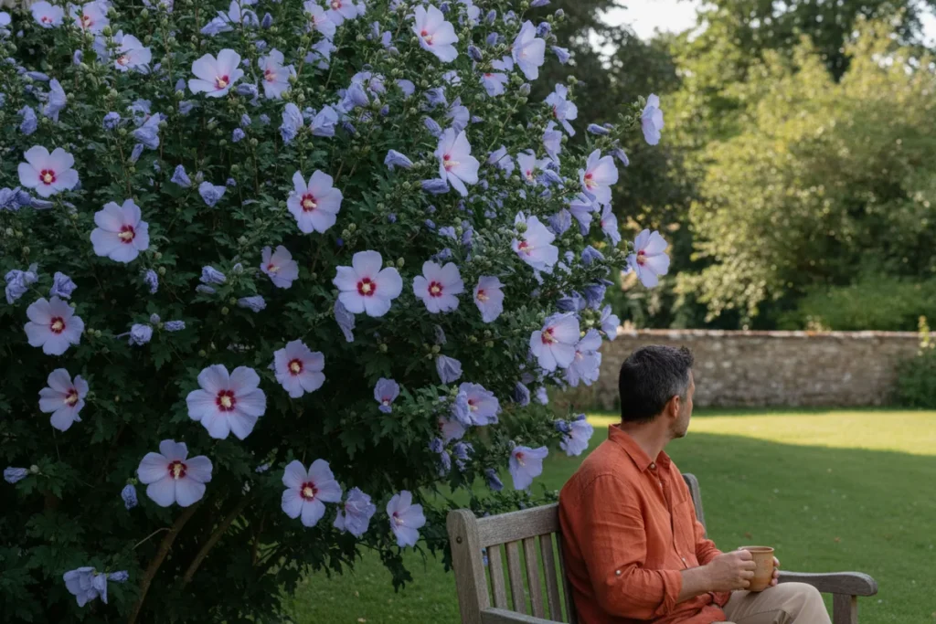 Bouture hibiscus : un homme en chemise orange assis sur un banc de jardin, une tasse à la main, à côté d’un althéa couvert de grandes fleurs mauve pâle au cœur rouge