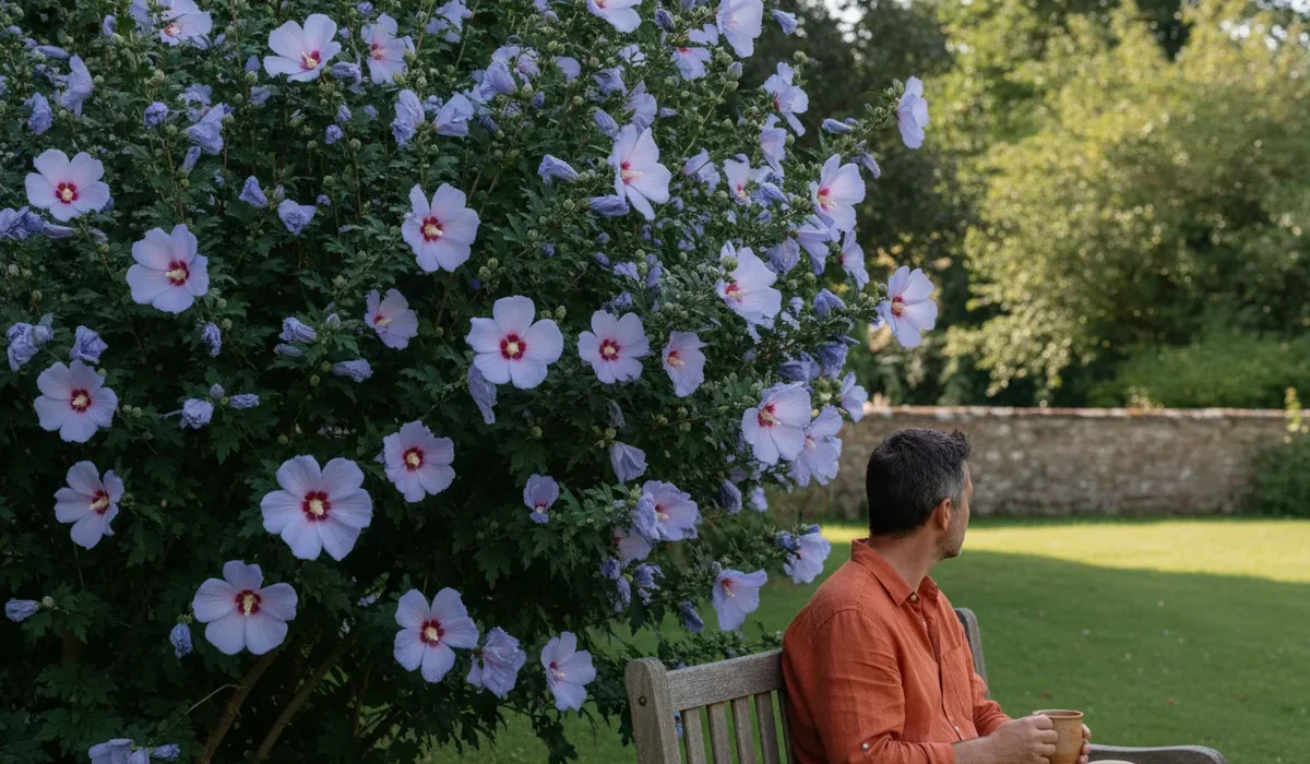 Bouture hibiscus : un homme en chemise orange assis sur un banc de jardin, une tasse à la main, à côté d’un althéa couvert de grandes fleurs mauve pâle au cœur rouge