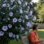 Bouture hibiscus : un homme en chemise orange assis sur un banc de jardin, une tasse à la main, à côté d’un althéa couvert de grandes fleurs mauve pâle au cœur rouge