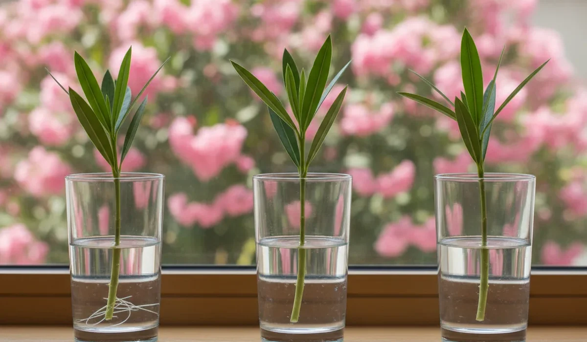 Bouture laurier rose dans l’eau : trois verres posés sur un rebord de fenêtre, chacun avec une tige de laurier-rose aux longues feuilles étroites, l’une avec de fines racines blanches, devant un laurier-rose en fleurs roses