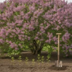 Bouture lilas par drageon : une rangée de jeunes pousses de lilas sort de terre au pied d’un grand lilas en fleurs mauves, à côté d’une bêche plantée dans le sol