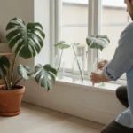 Bouturer une monstera : le nœud, la coupe et l’enracinement dans l’eau ou en terre 2 Bouture monstera : un homme range trois bocaux de boutures de monstera sur le rebord d’une fenêtre lumineuse, à côté d’une grande monstera en pot de terre cuite
