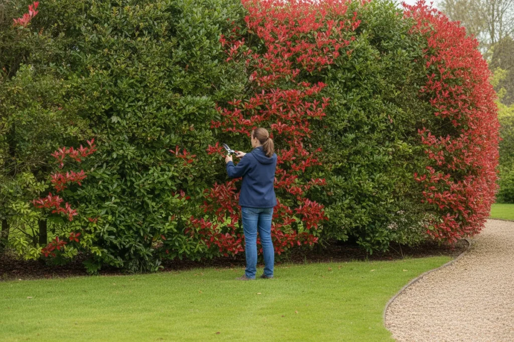 Bouture photinia : une femme de dos taille au sécateur une pousse rouge d’une haie de photinias aux jeunes feuilles rouge vif, au bord d’une pelouse et d’une allée de gravier