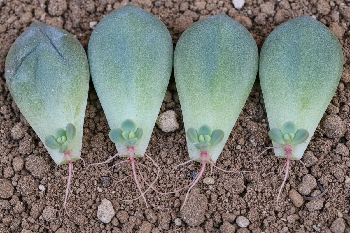 Bouture plante grasse par la feuille : des feuilles charnues bleutées posées sur un terreau sec, chacune avec de fines racines roses et une minuscule rosette à sa base