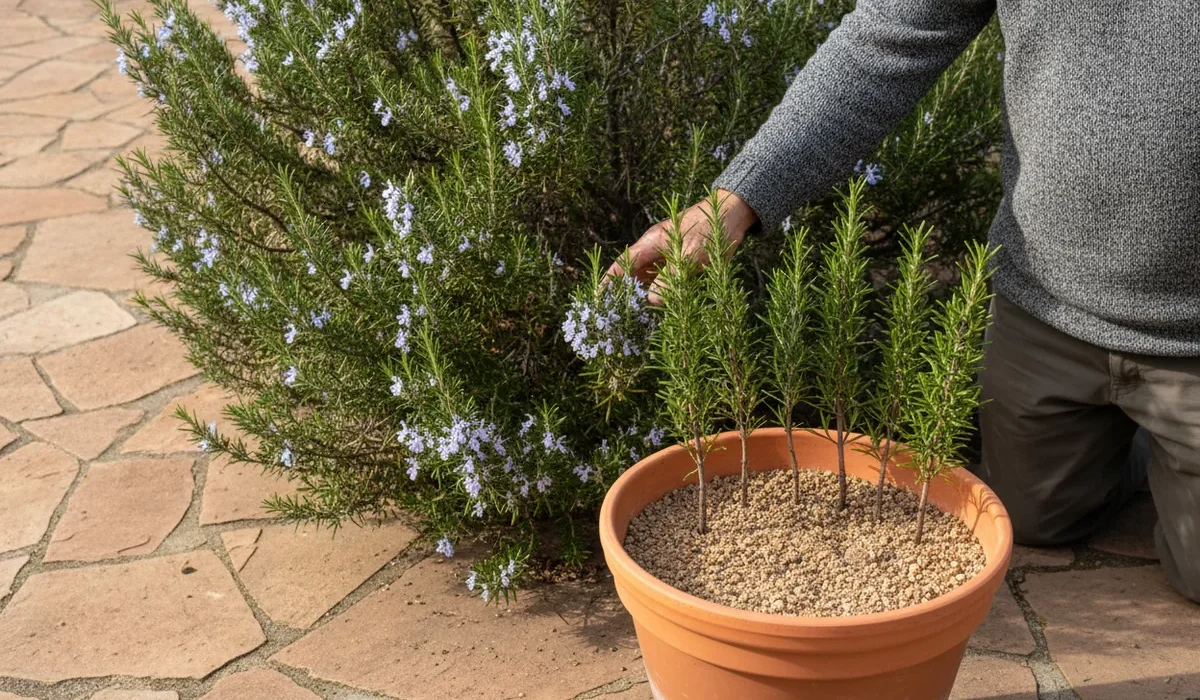 Bouture romarin en pot : huit courtes tiges de romarin piquées dans un grand pot en terre cuite rempli de substrat graveleux, au pied d’un romarin en fleurs bleu pâle, un homme agenouillé sur une terrasse dallée