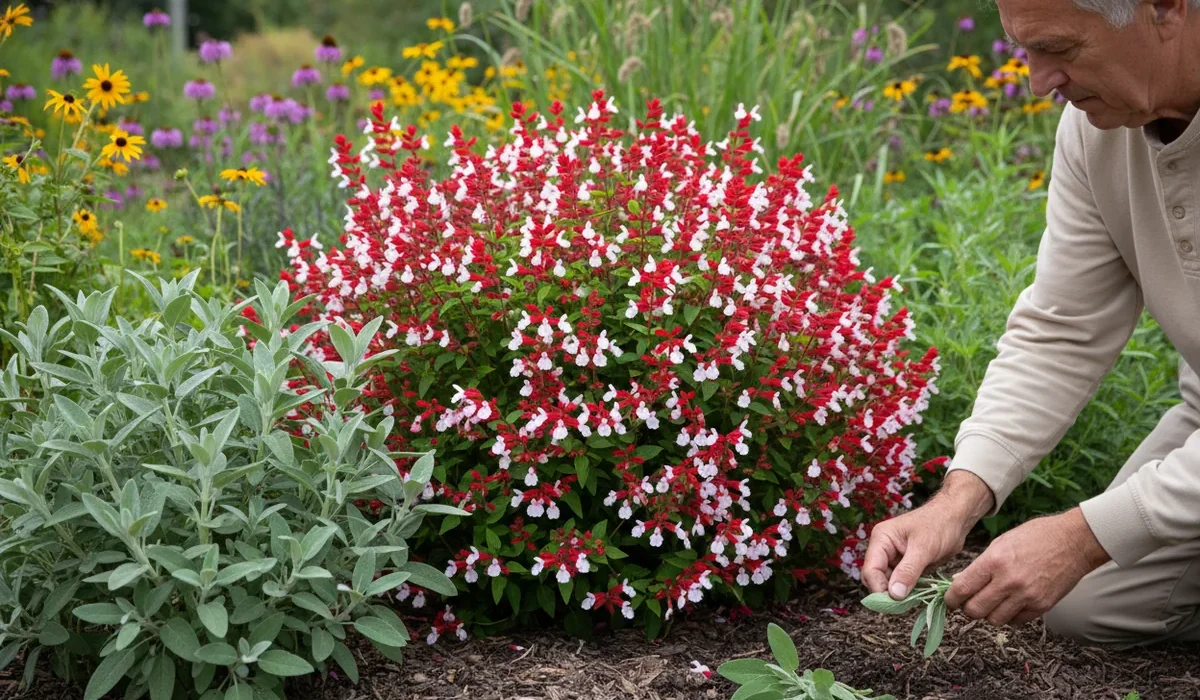 Bouture sauge en fin d’été : un homme âgé agenouillé tient quelques tiges de sauge au pied d’une sauge arbustive à fleurs rouges et blanches, à côté d’une touffe de sauge officinale gris-vert