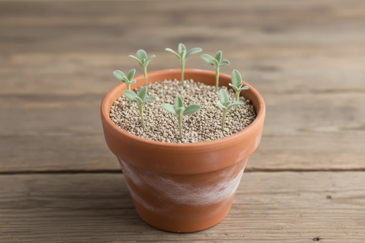 Bouture sauge en pot : huit courtes tiges de sauge aux petites feuilles gris-vert piquées dans un pot en terre cuite rempli d’un mélange sableux, posé sur une table en bois