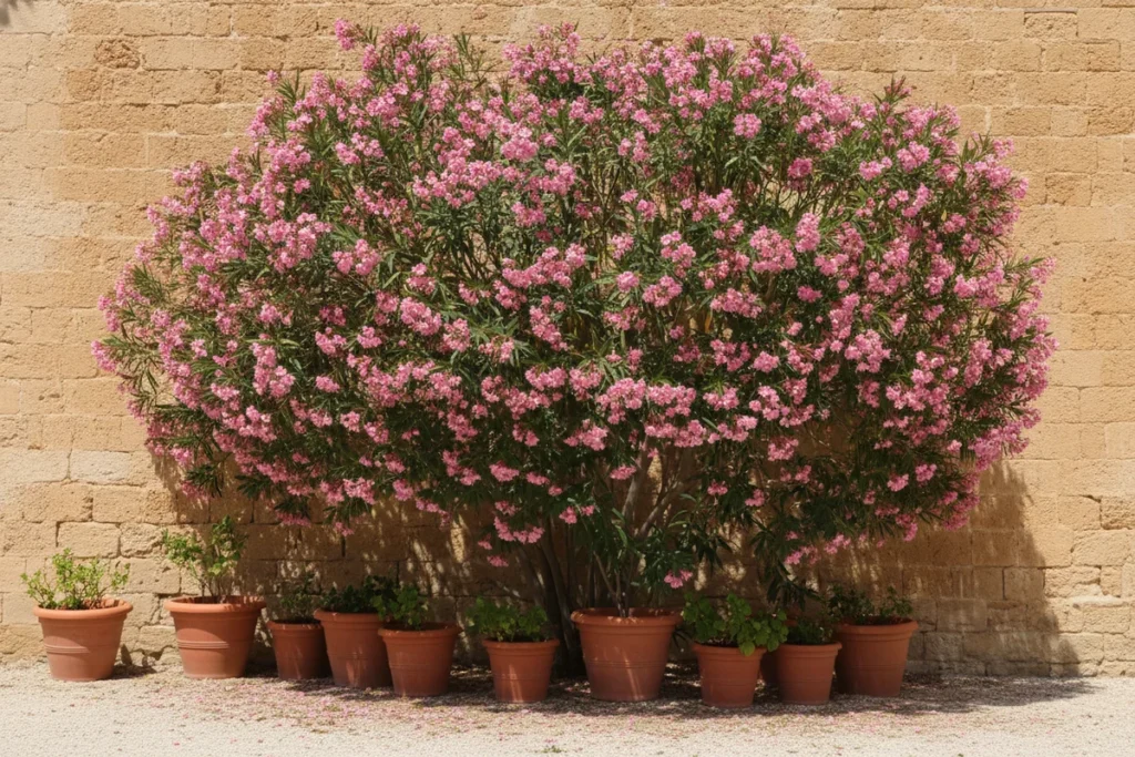 Laurier-rose couvert de fleurs roses contre un mur de pierre ocre ensoleillé, au-dessus d’une rangée de pots en terre cuite