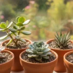 Cinq plantes grasses en pots de terre cuite alignées sur le rebord d’une fenêtre ensoleillée : rosettes bleutée et rosée, arbre de jade, rosette striée et petit cactus
