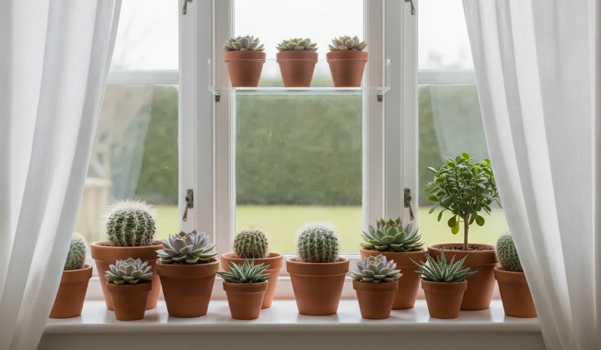 Rebord de fenêtre lumineux garni de petites plantes grasses en pots de terre cuite, avec une tablette transparente fixée sur la vitre qui en porte d’autres