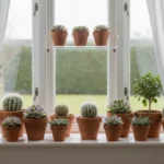 Rebord de fenêtre lumineux garni de petites plantes grasses en pots de terre cuite, avec une tablette transparente fixée sur la vitre qui en porte d’autres