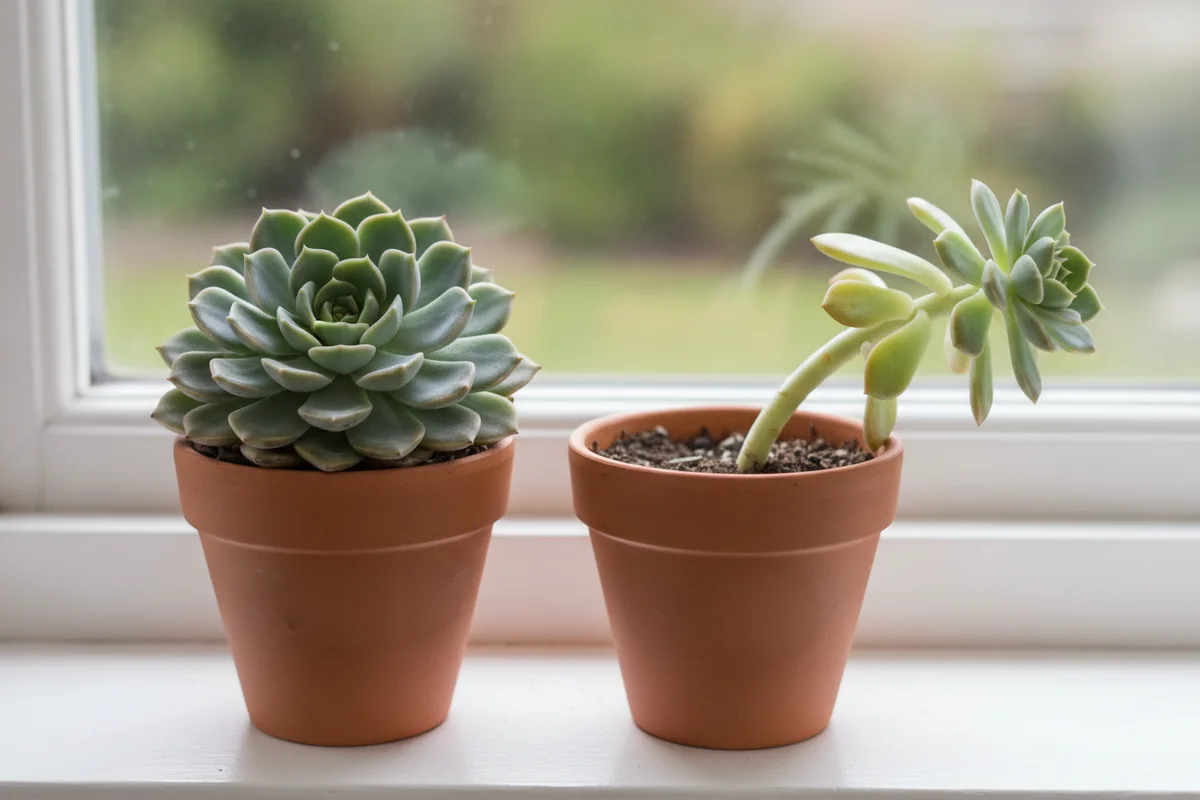 Plante grasse intérieur étiolée à côté d’une plante compacte : à gauche une rosette serrée et bleutée, à droite la même espèce allongée, pâle et penchée, sur un rebord de fenêtre