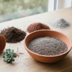 Terreau pour plante grasse : la recette selon la plante, le bon pot et le rempotage 2 Établi en bois avec trois petits tas de terreau brun, de pouzzolane rouge et de sable grossier gris, une coupe en terre cuite du mélange et une plante grasse aux racines nues prête à être rempotée