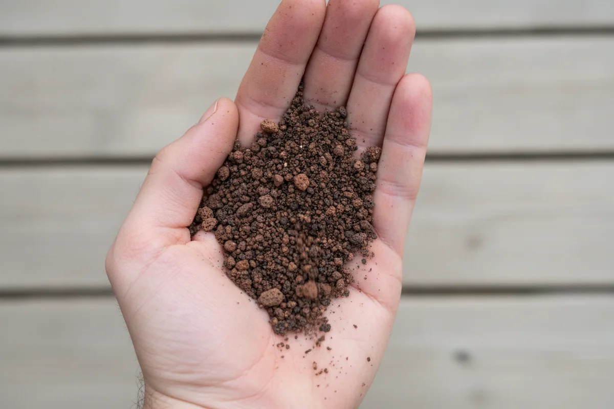 Terre pour plante grasse : une main ouverte tient un mélange granuleux de terreau brun et de petits cailloux volcaniques rouges qui s’émiette entre les doigts